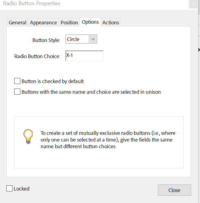 Radio Button Properties - Options