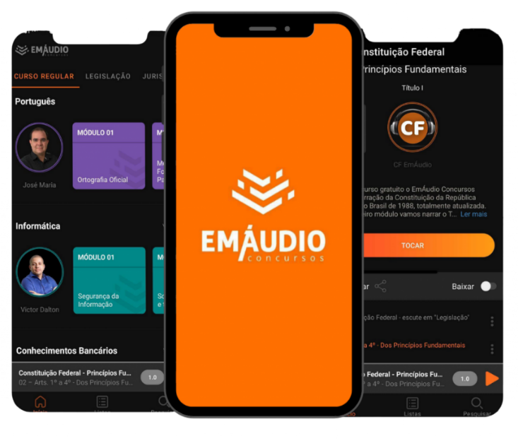 Celular com o aplicativo EmÁudio Concursos.