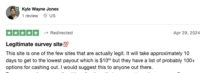 A 5-star Trustpilot review from a Survey Roundtable user who says the site is legit and that it takes about 10 days to hit the $10 minimum for payout. 