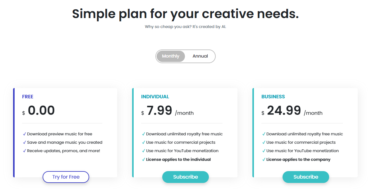 The pricing plans for Ecrett Music.