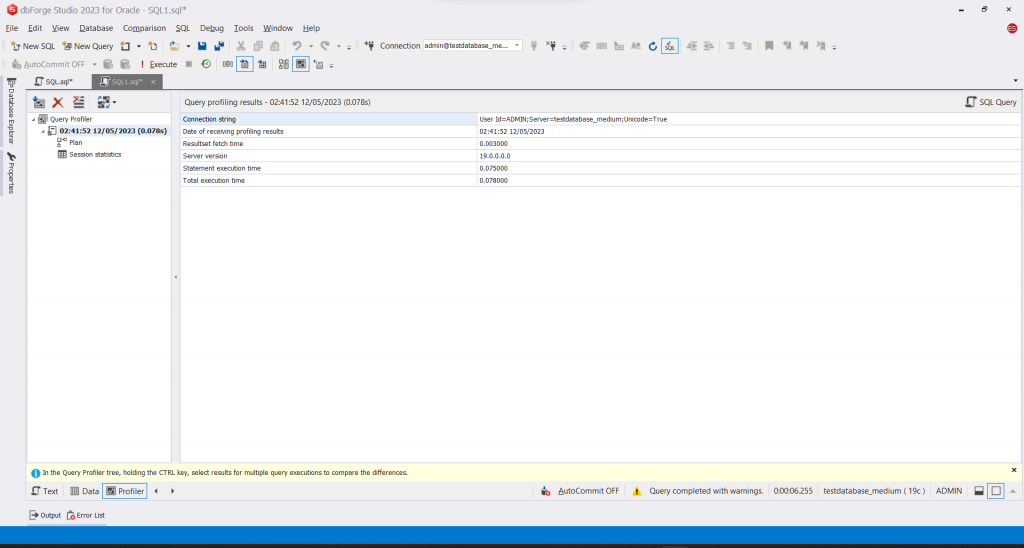 The Query Profiling Results in dbForge Studio for Oracle.