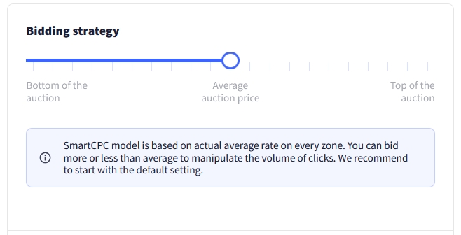 Bidding strategy on RollerAds: top vs. bottom of the auction, with the slider being on an average by default.