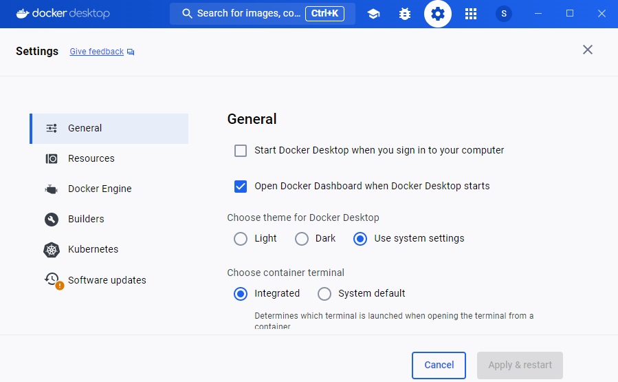 Docker Desktop settings page