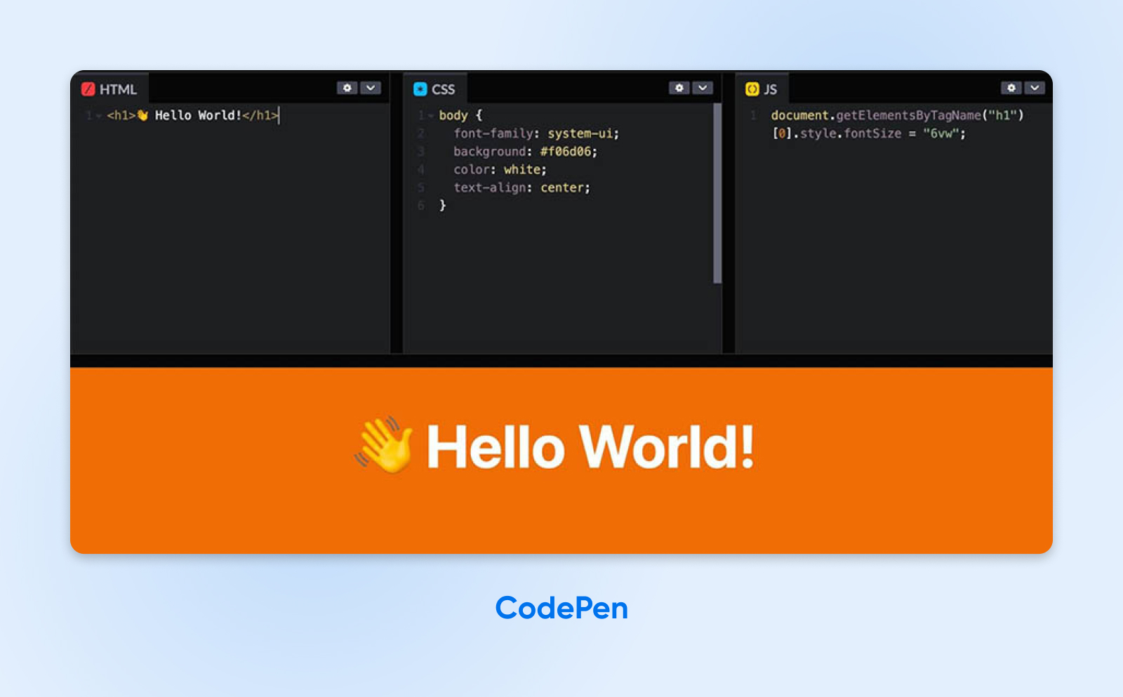 El editor de CodePen le permite escribir código en HTML, CSS y JS uno al lado del otro y ver su resultado en un panel de vista previa a continuación.