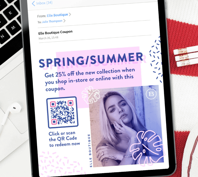 A Coupon QR Code in a boutique's email campaign prompting recipients to scan and redeem 25% off their new collection