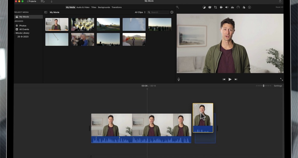 A video clip being dragged in the editing timeline to change the video sequence in iMovie