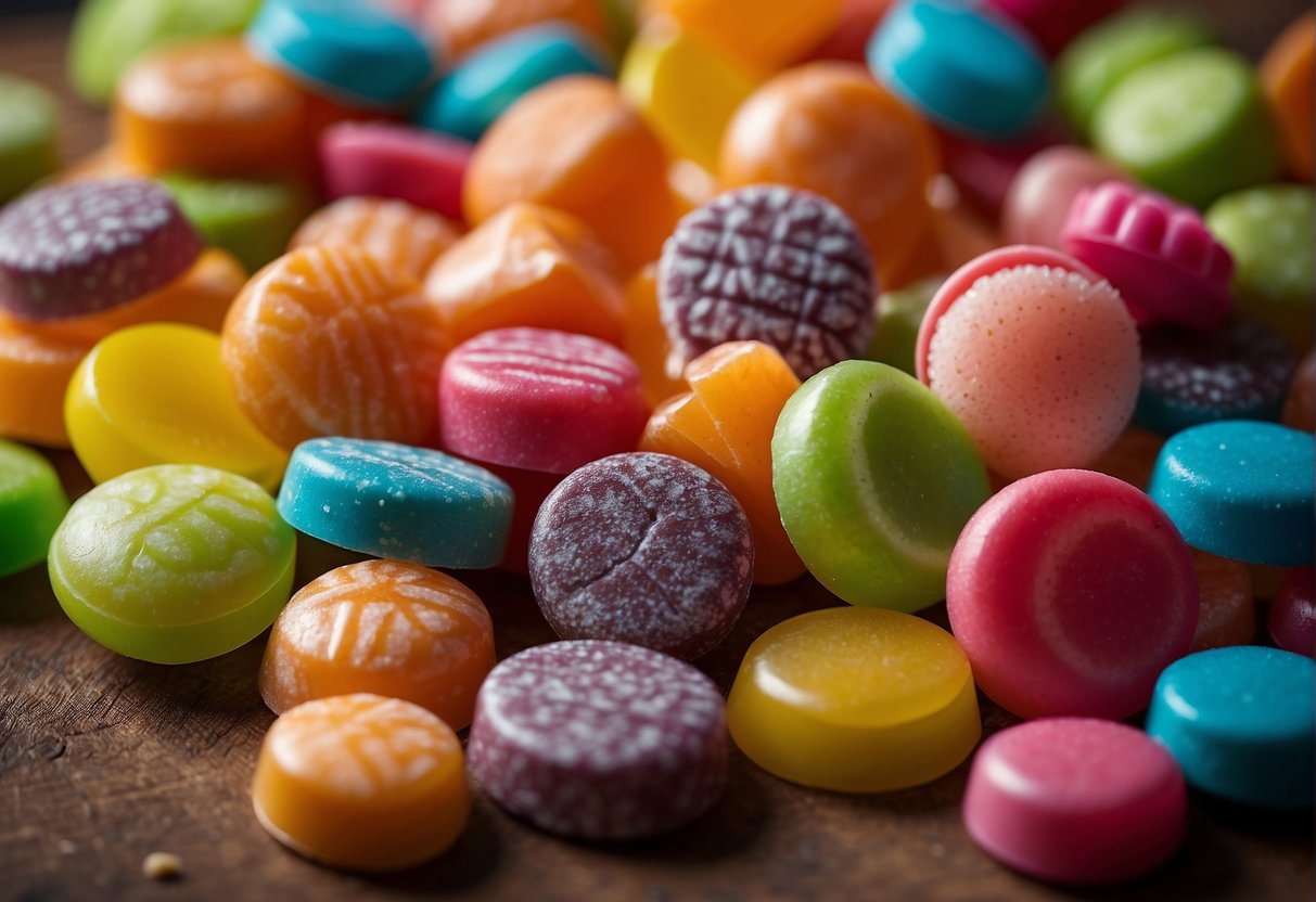 Various types of candy arranged on a table, including gluten-free, sugar-free, and vegan options. Colorful wrappers and different shapes and sizes