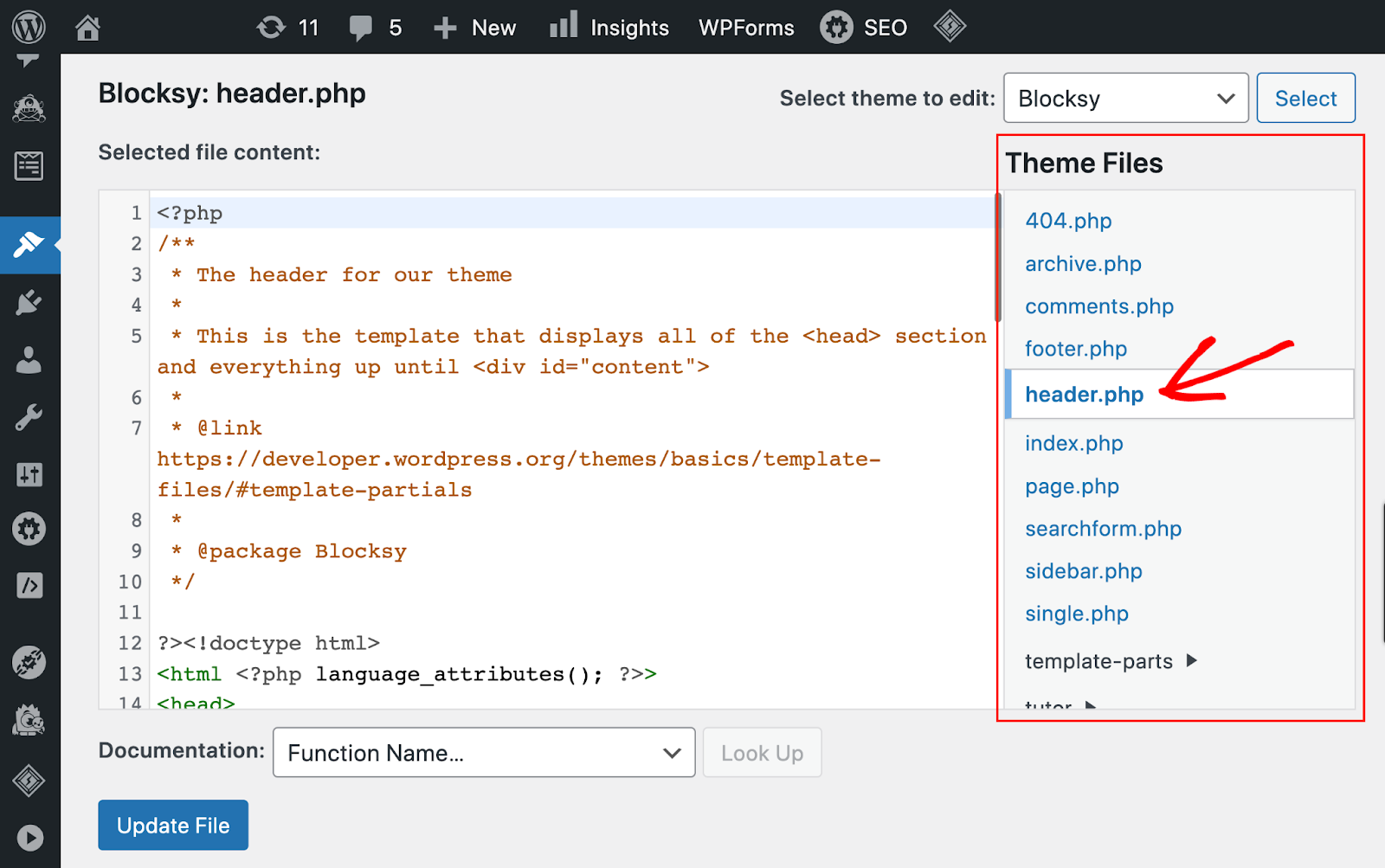 example of header.php file in a wordpress theme