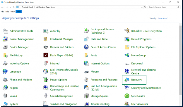 Control Panel open the recovery option