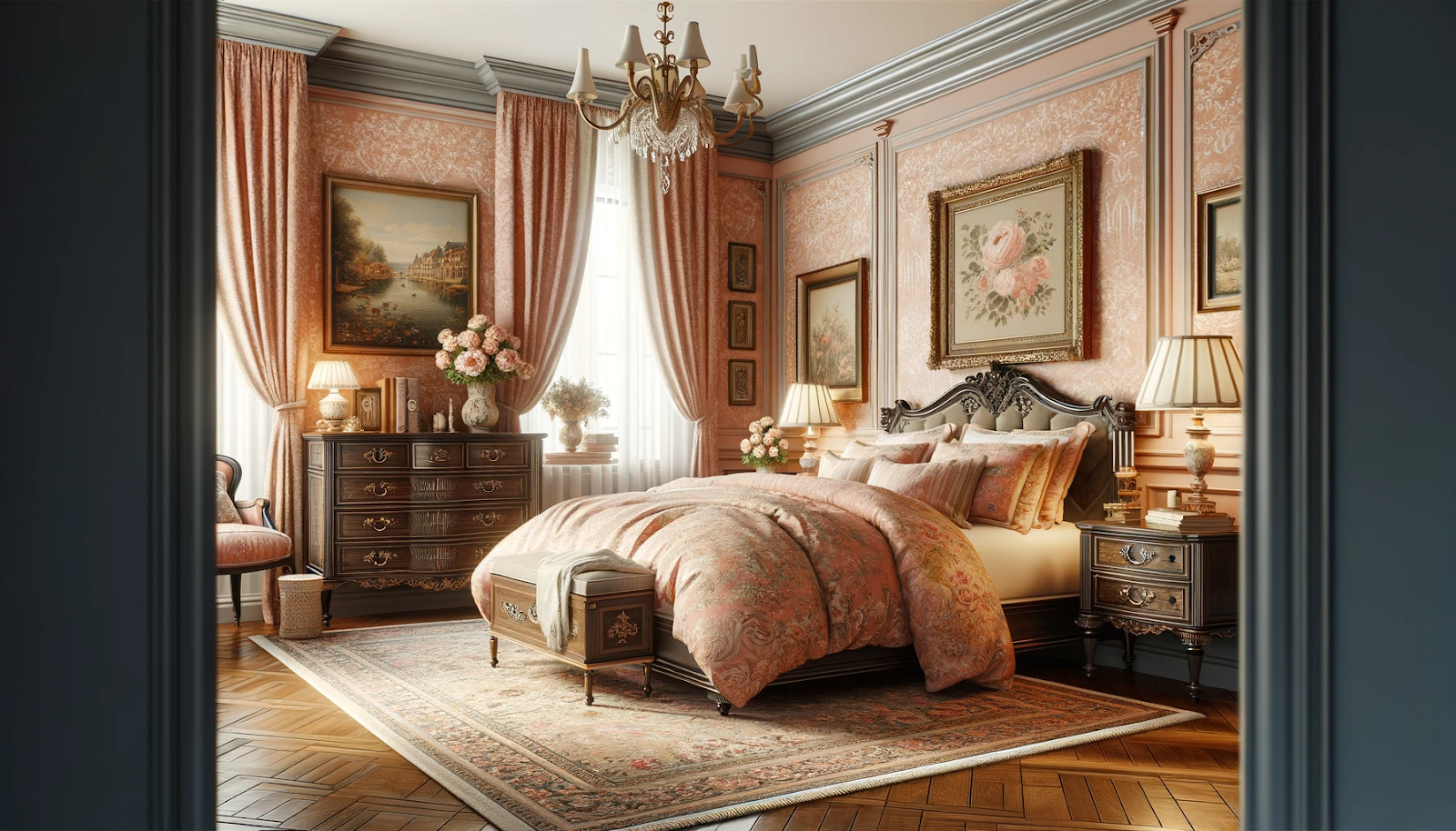 A very traditional bedroom with antique looking furniture in dark browns with peach fuzz colored wall paper and accents. There is a wooden floor and a chandelier over the bed along with artwork of florals and water scenes. Shows how to incorporate the color peach fuzz into a traditional style.