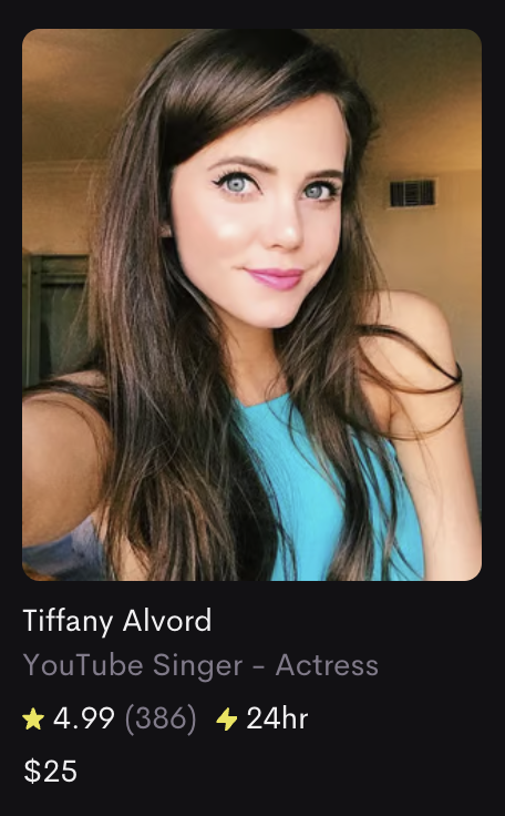 Screenshot of Tiffany Alvord on Cameo, where you can purchase a shout out from her for $25