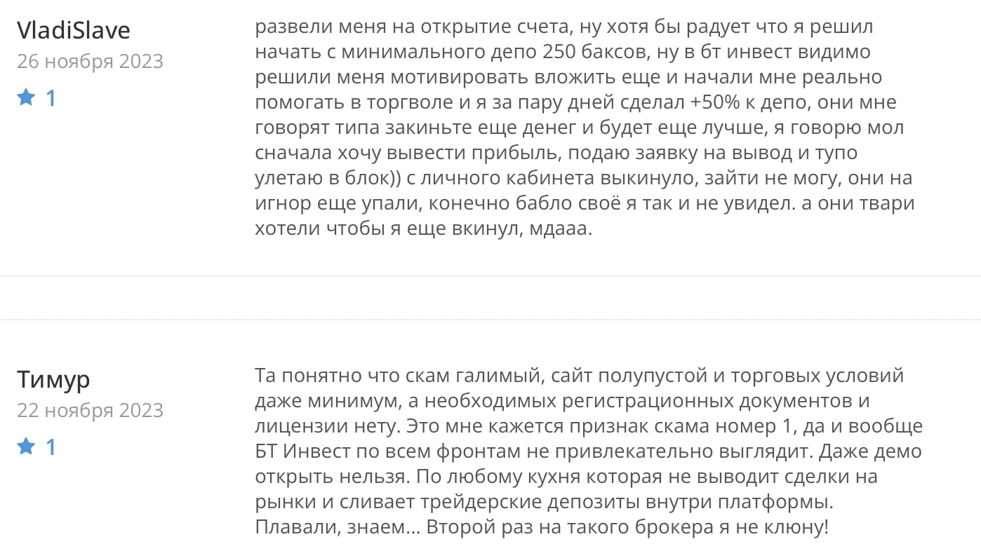 BT-Invest: отзывы клиентов о работе компании в 2023 году