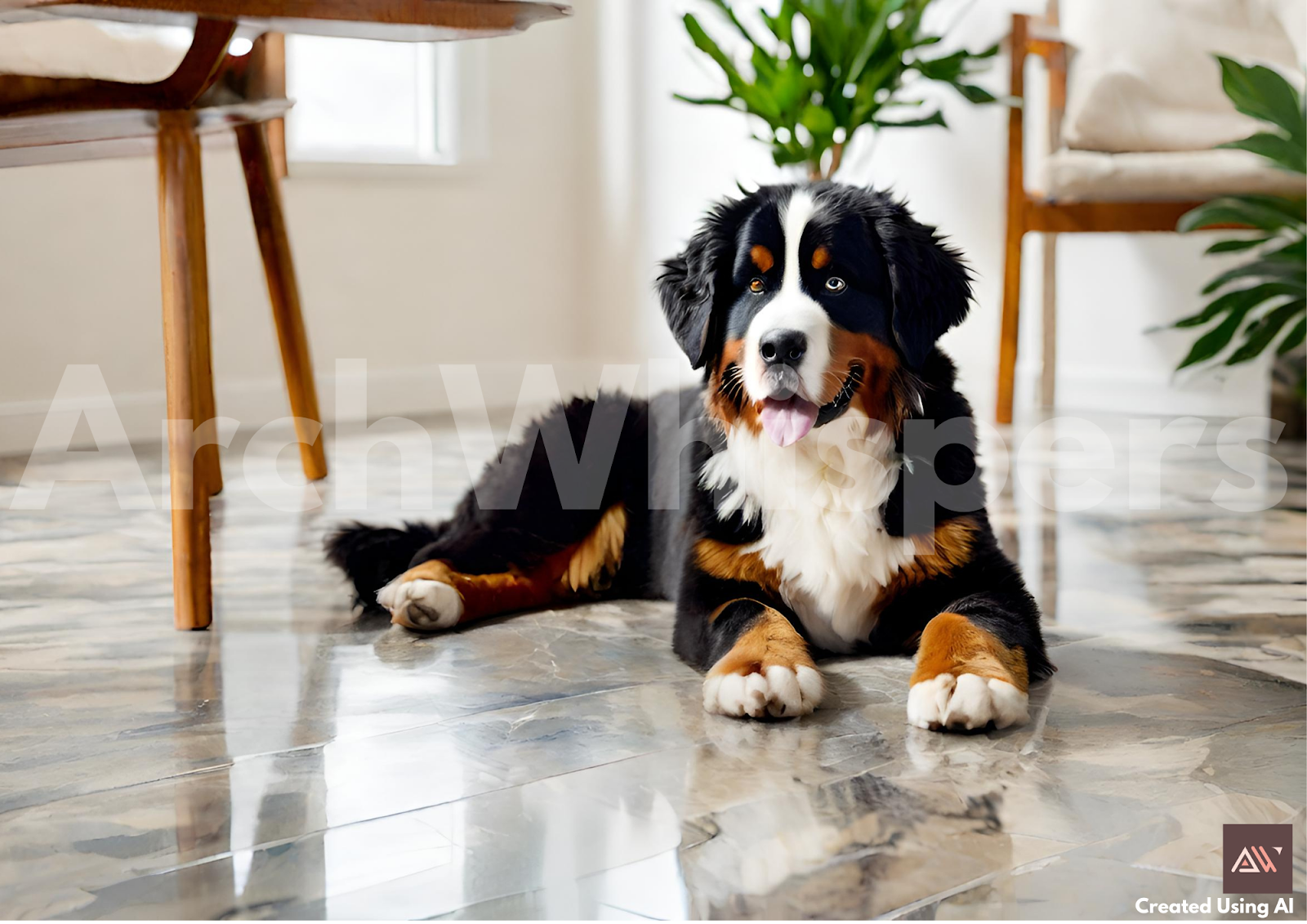 A Bernese Mountain Dog Resting in a Living Room With Stone Vinyl Laminate Flooring