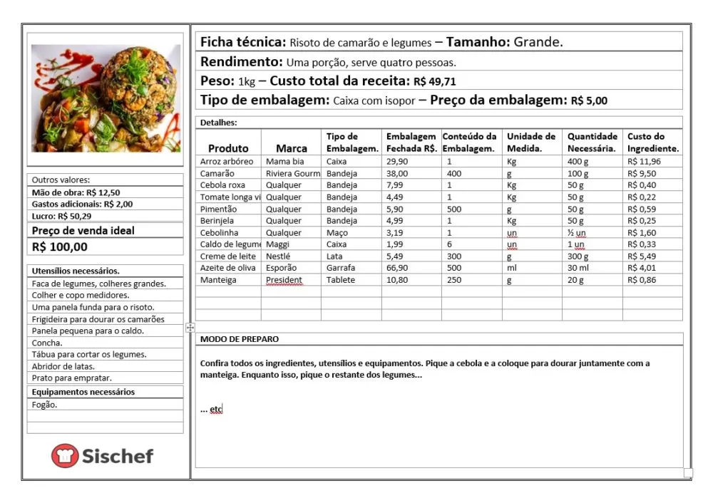 Ficha técnica de um prato de risoto de camarão e legumes