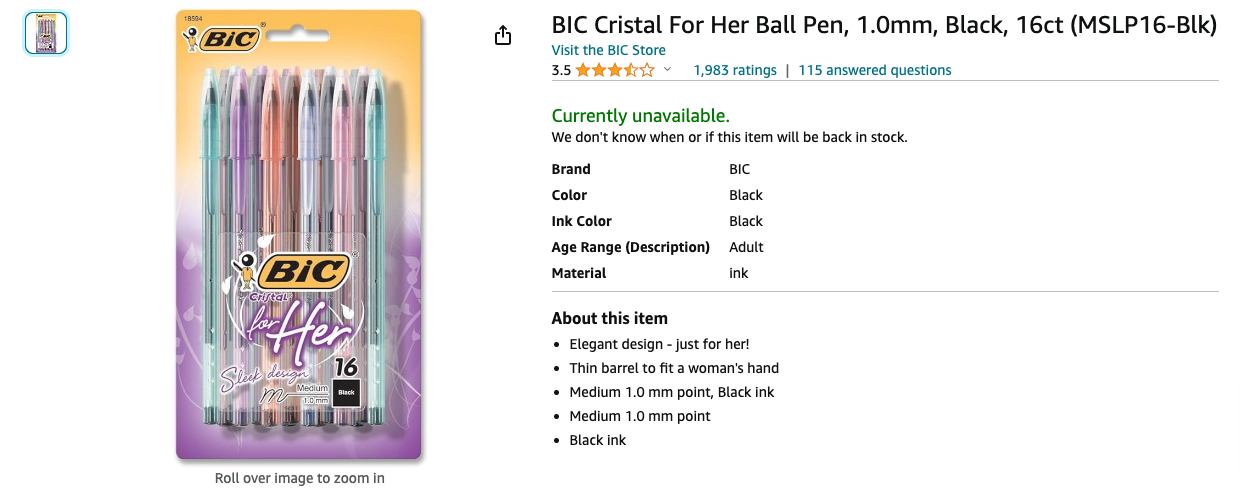 Screencap of Bic Cristal for Her pens on Amazon