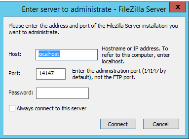 Использование сервера FTP Windows для резервирования 3CX Запустите сервер FileZilla и подключитесь к нему для настройки.