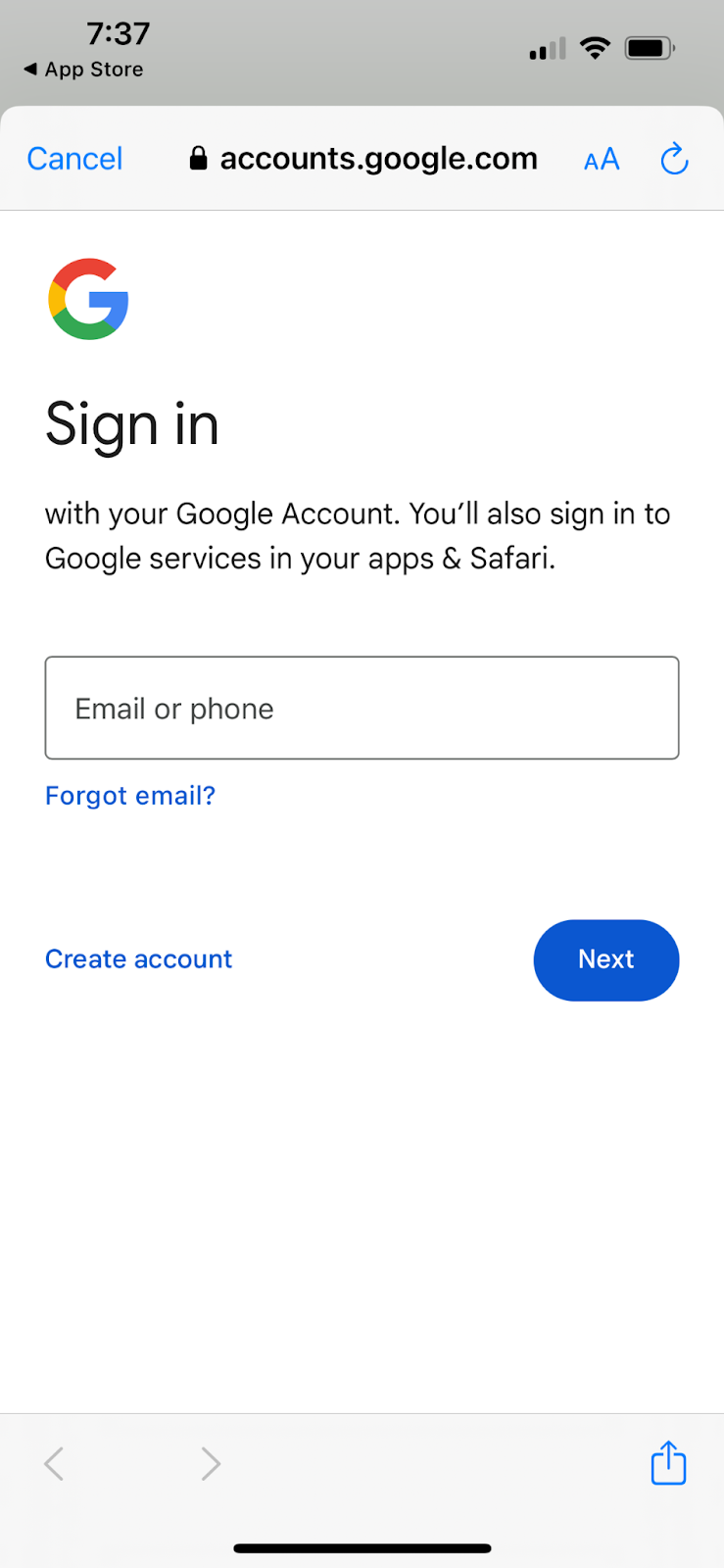Sign in with Google Account screen