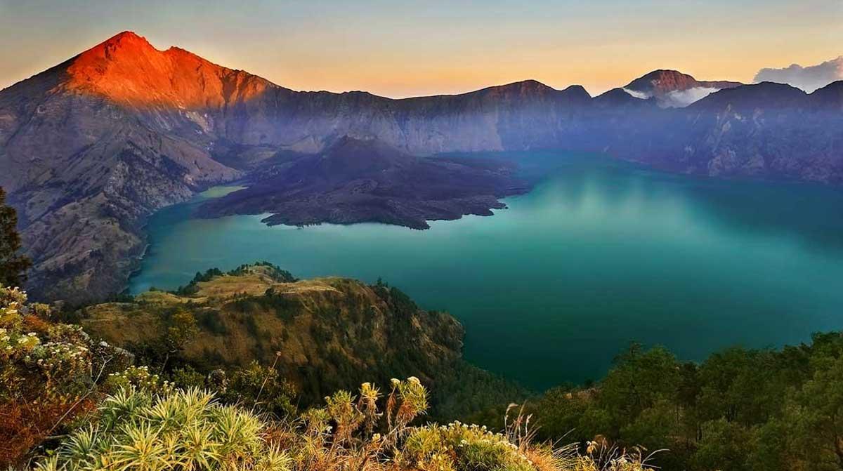 Majestic Mount Rinjani Towering Summit Amidst Lush Greenery