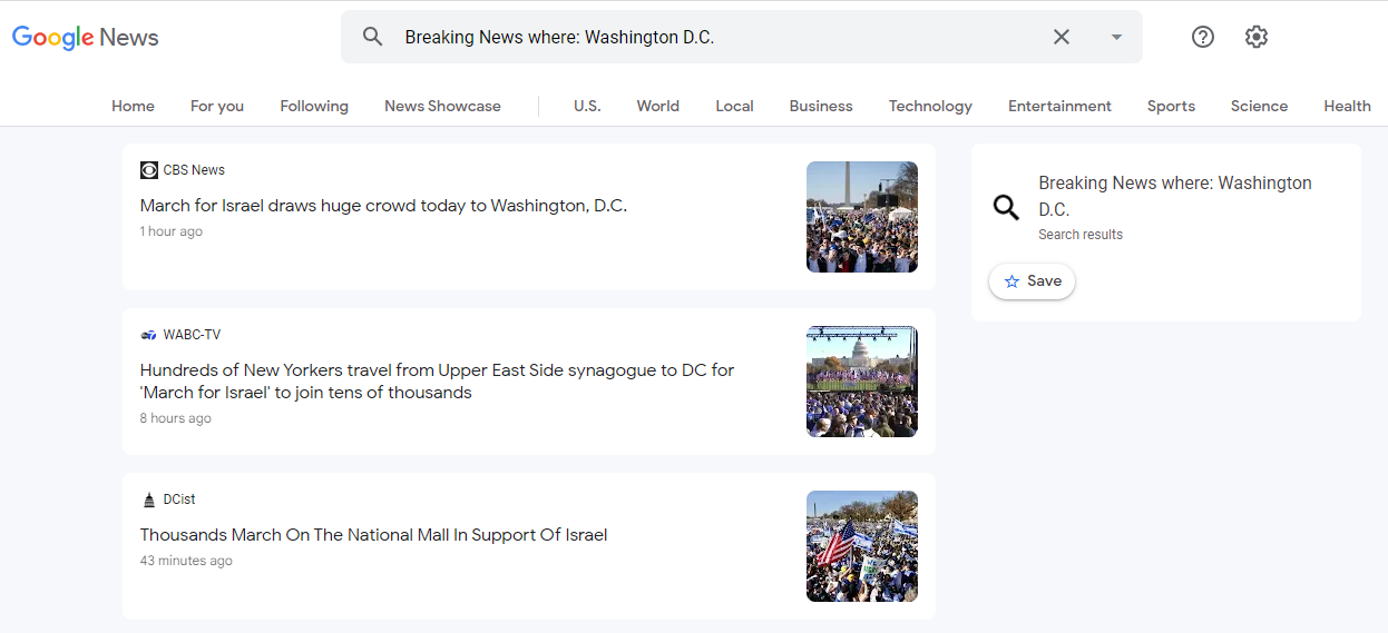 Screenshot from Google News: search: Breaking News where: Washinton D.C.