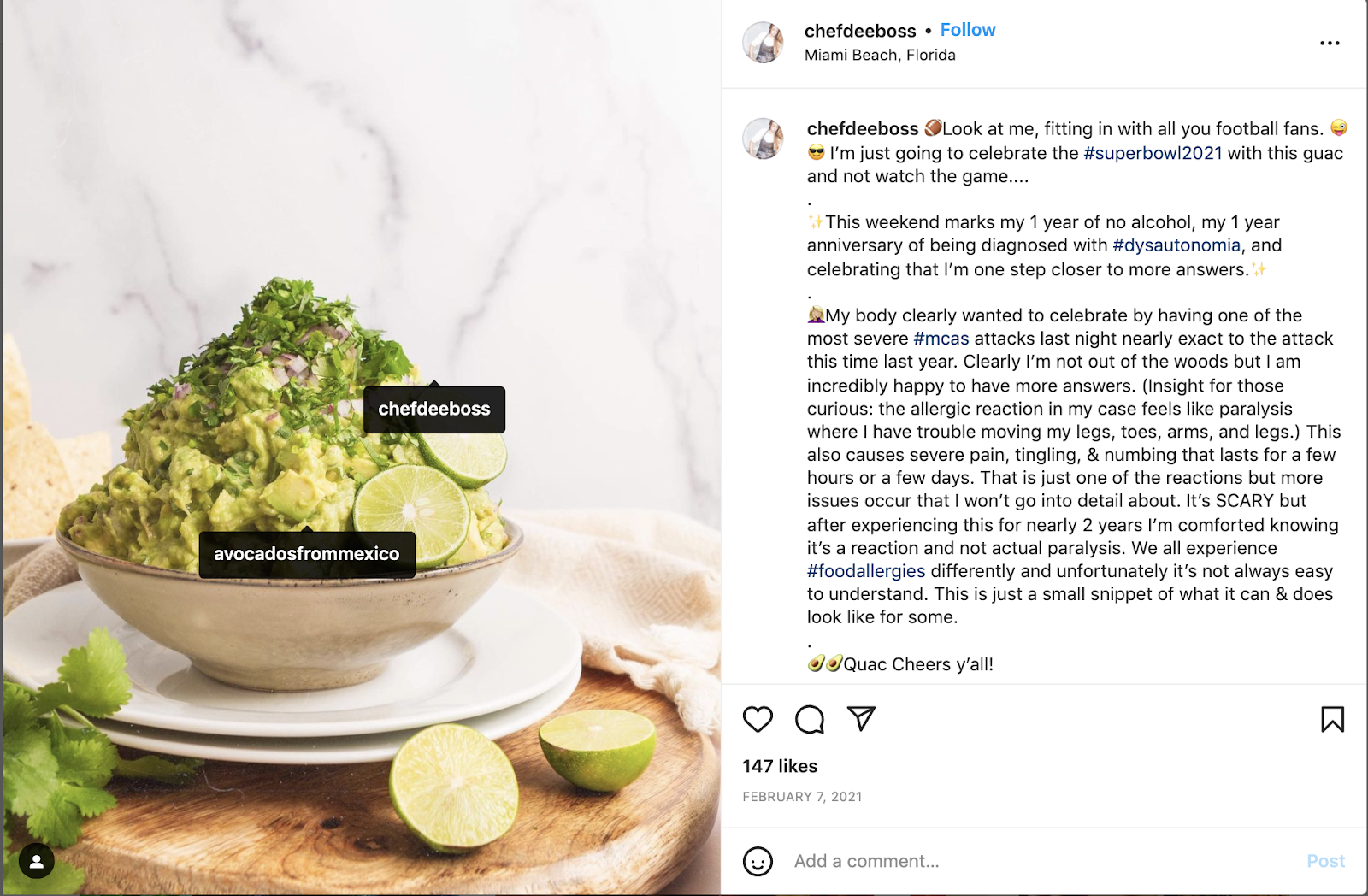 Screenshot of Instagram post featuring a towering bowl of guac with limes