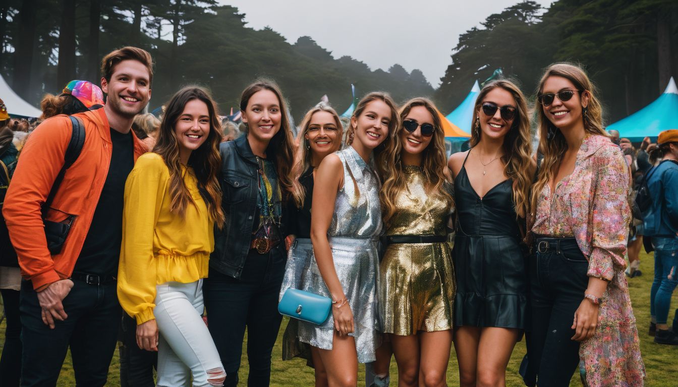 A diverse group of friends enjoying music and art at Outside Lands.