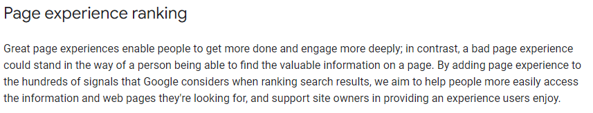 A close-up of a text detailing Google's page experience ranking SEO for e-commerce