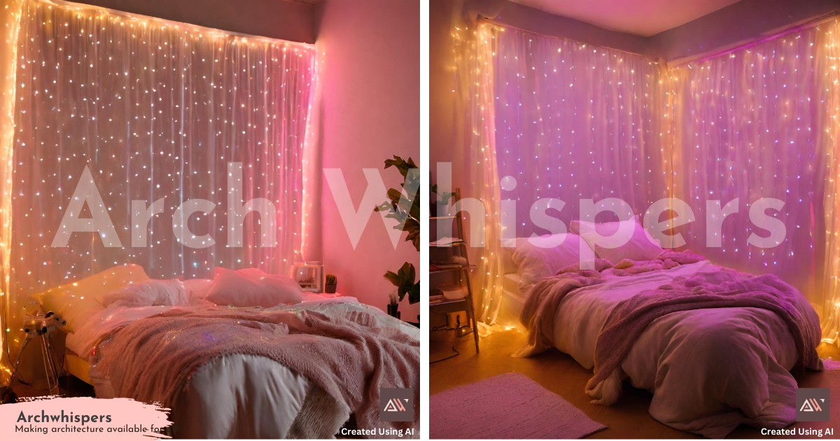 Glowing Fiberoptic Curtains in a Modern Bedroom.