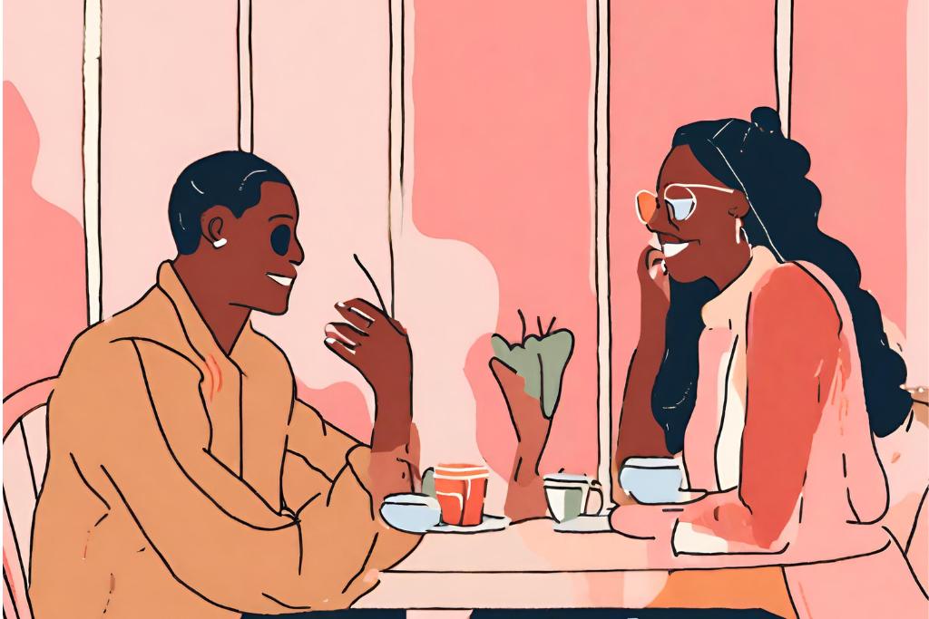 Illustration of a table with two individuals deep in conversation.