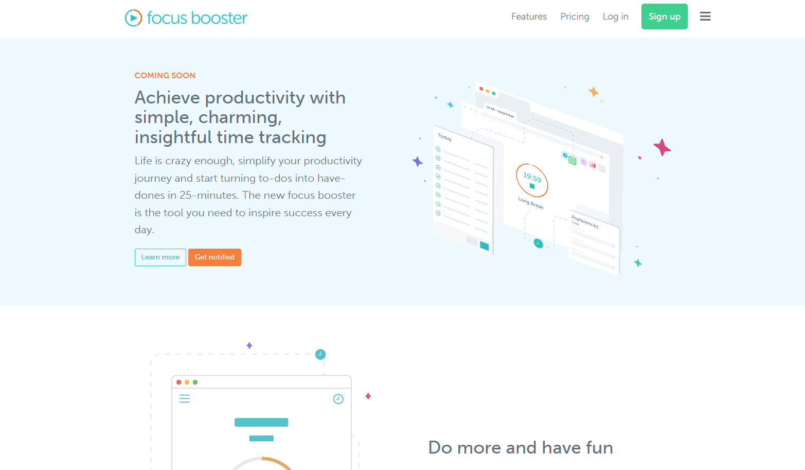 Homepage of Focus booster pomodoro app