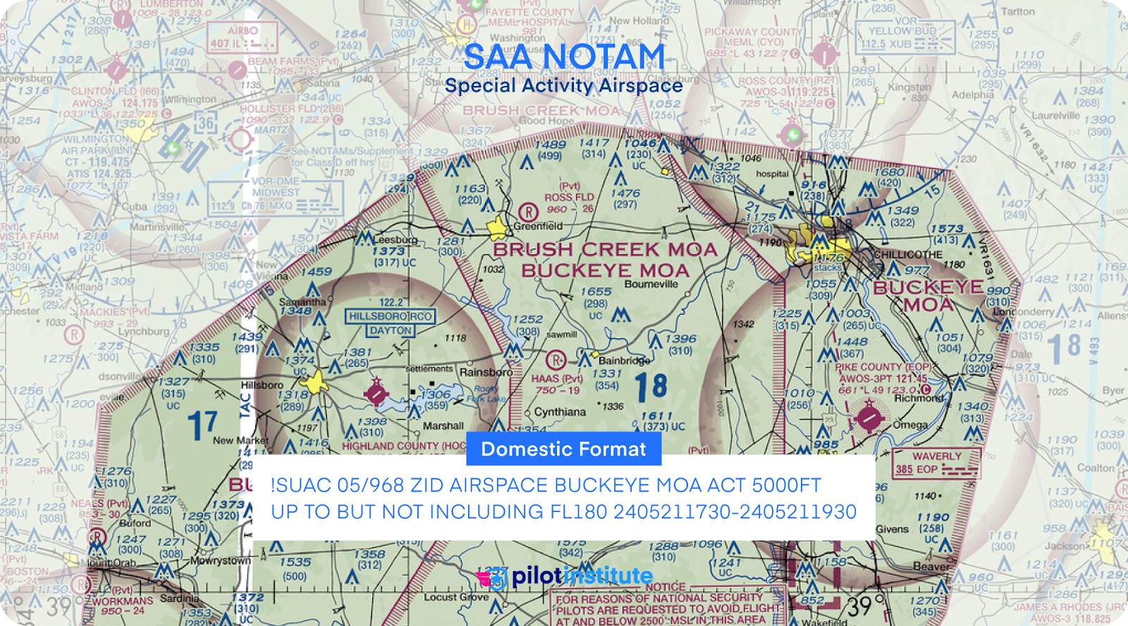 Sectional chart with a Special Activity (SAA) NOTAM for the Buckeye MOA.