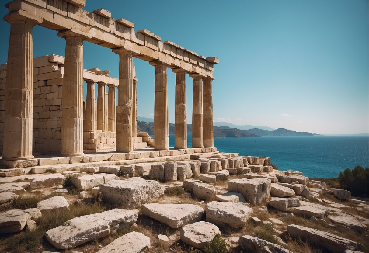 Ancient ruins stand near pristine beaches in Greece. The Parthenon overlooks turquoise waters, while old stone walls line the coastline