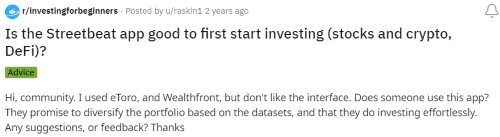 A Reddit post where someone asks if Streetbeat is good if you're just getting started investing. 