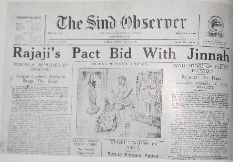The Sind Observer,  a newspaper, with the headlines Rajaji's Pact Bid With Jinnah
