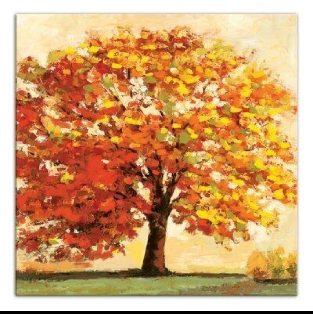 A painting of a tree with orange leaves

Description automatically generated