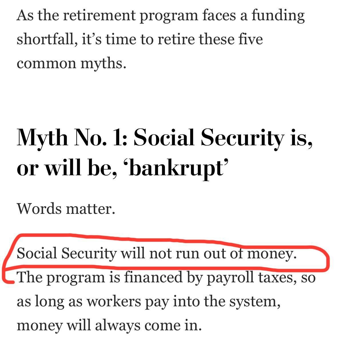 Screenshot from the Washington Post with text: Myth No. 1: Social Secuirty is or will be 'bankrupt'. Social Secuirty Will Not Run Out of Money