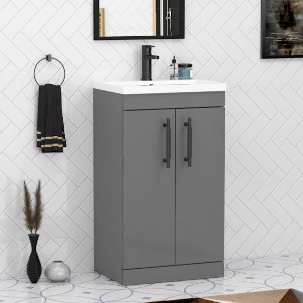 Cesar 500mm Floor Standing Vanity Sink Unit Indigo Grey Gloss 2 Door - Minimalist with Matt Black Handle