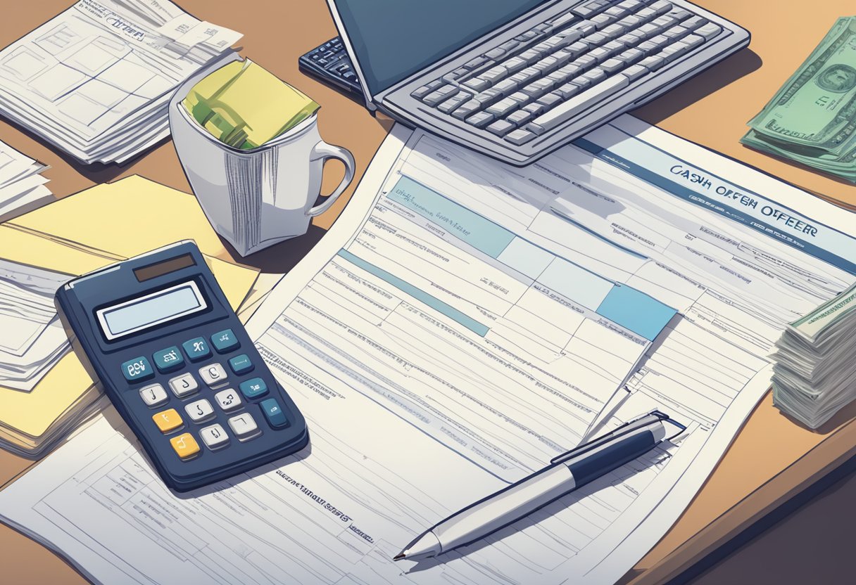 A stack of legal documents sits on a desk, alongside a calculator and paperwork. A cash offer for a house is displayed on a computer screen, surrounded by pros and cons lists