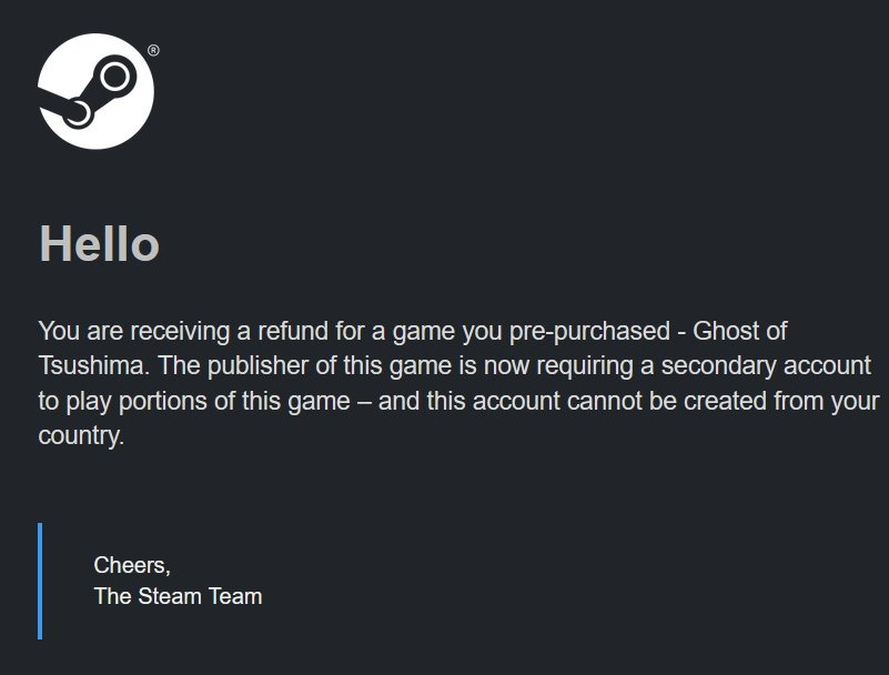  Steam Mail to Players about Ghost of Tsushima