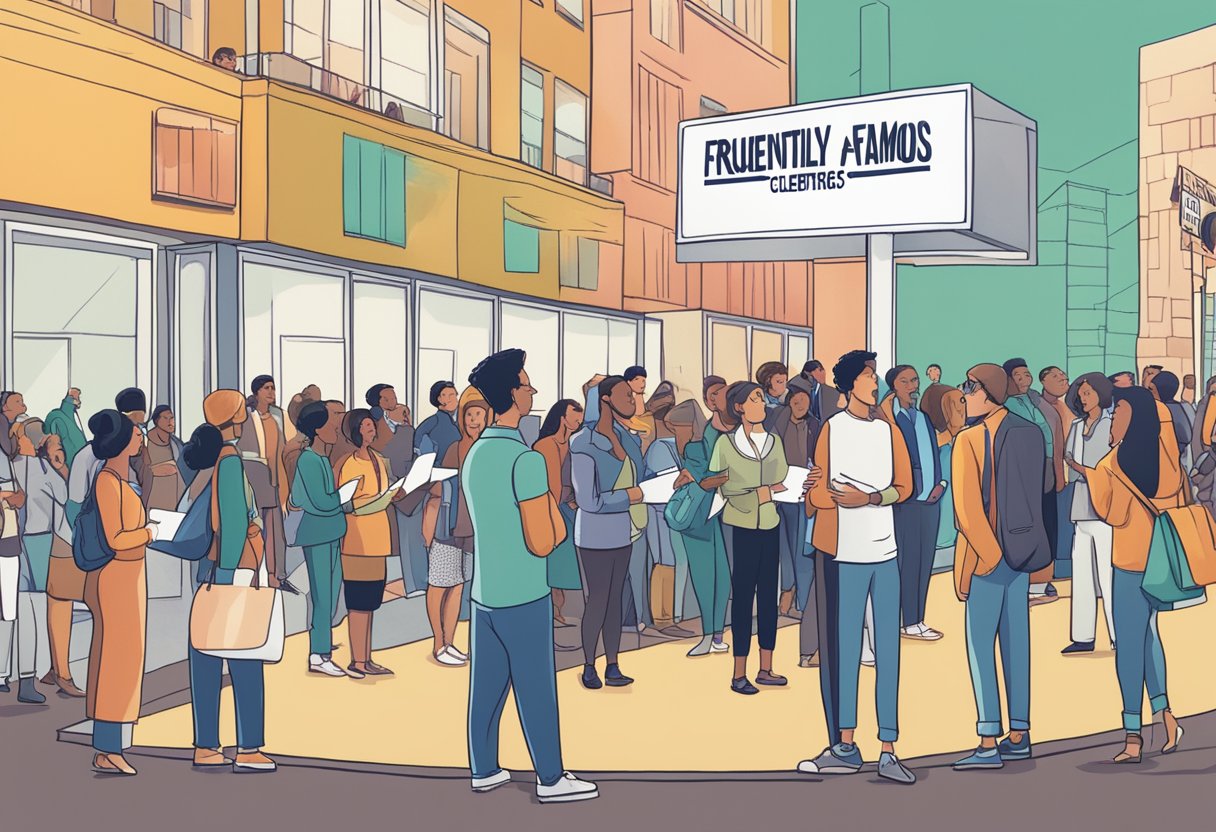 A group of people standing in line, holding papers and looking up at a large sign that reads "Frequently Asked Questions Famous Celebrities"