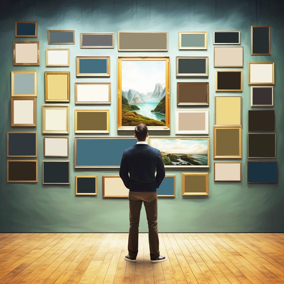 A person looking at a painting on a wall

Description automatically generated
