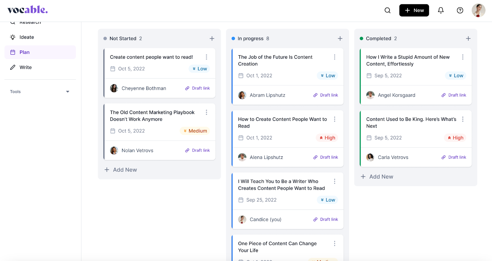 Screenshot of Vocable's AI Powered Content Planner 