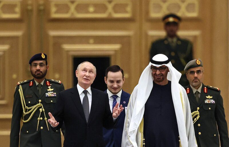 Photo by Russian state agency Sputnik, Vladimir Putin and UAE President Sheikh Mohammed bin Zayed Al Nahyan at a welcoming ceremony before their talks in Abu Dhabi on December 6, 2023. Photo: Sergei SAVOSTYANOV / POOL / AFP