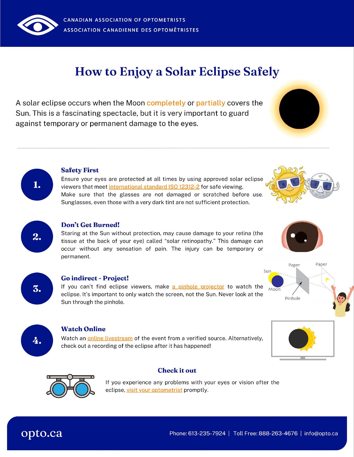An image describing ways to keep your eyes safe during a solar eclipse. It's important to protect your eyes from direct sun rays by either wearing eclipse glasses or creating a pinhole projector
