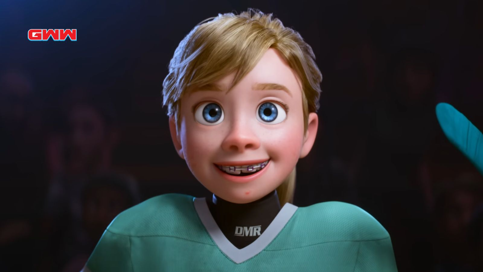 Riley from the Inside Out 2 with a big smile, holding a hockey stick.