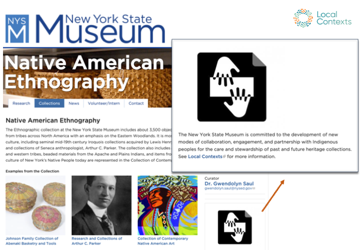 Composite of two screenshots of the “New York State Museum Native American Ethnography” website. In the bottom right is the Open to Collaborate icon, a black square with two outstretched hands facing each other in white. An arrow points from the icon to the description, the second screenshot. On top, the Open to Collaborate icon, a black square with two outstretched hands facing each other in white. Below is the Notice text, “The New York State Museum is committed to the development of new modes of collaboration, engagement, and partnership with Indigenous peoples for the care and stewardship of past and future heritage collections. See Local Contexts for more information.”