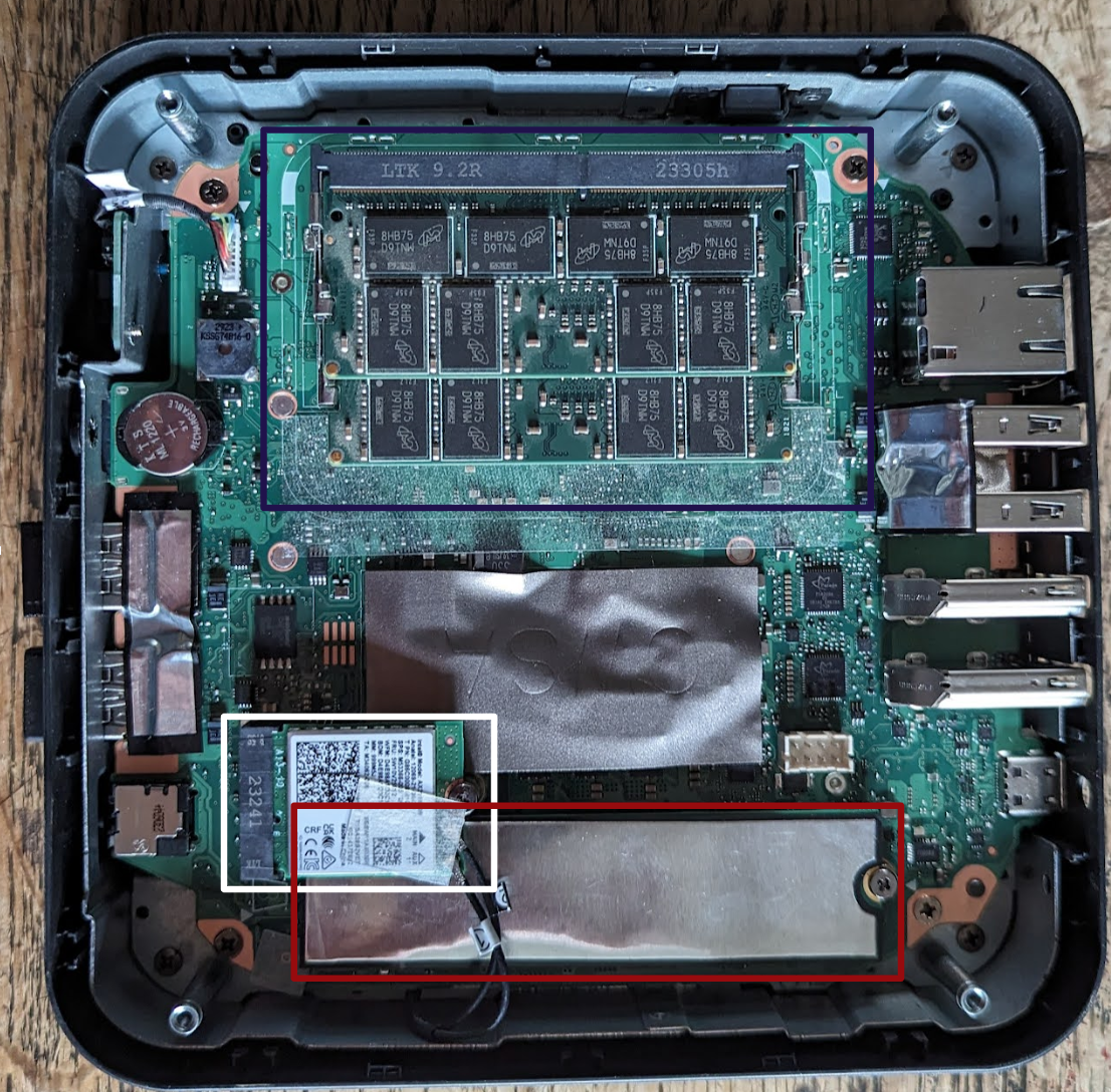 Vue compète de l'intérieur de la CTL CBX3 coté cartes mémoires avec dans le cadre blanc, l’emplacement de la carte Wifi, dans le cadre rouge celui de la carte de stockage. Dans le cadre noir les deux barrettes de mémoire volatile. 