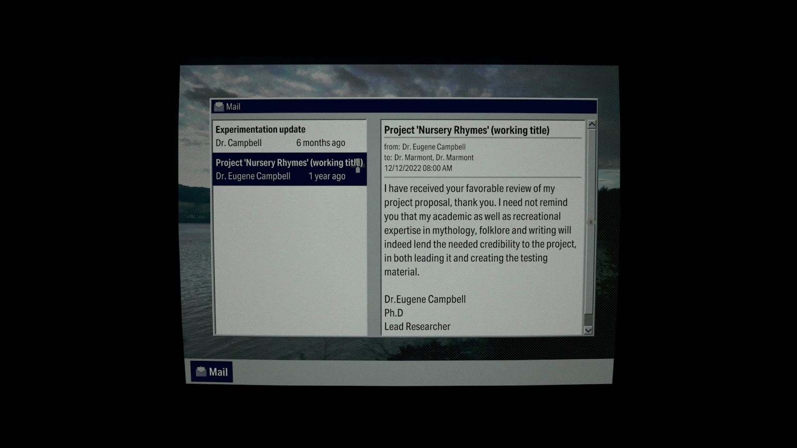 An in game screenshot of the computer in the Witchfinder's Station in Alan Wake II. 