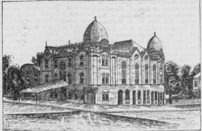 A sketch of an ornate building with two cupolas and many rounded and arched windows and doorways.   It is shown with a covered entryway.  