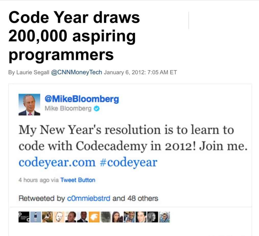 Mike Bloomberg tweets about Code Year